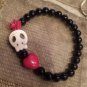 Cute Skull Goth Red Heart & Rose Black Onyx Gemstone Beaded Bracelet