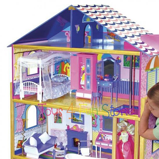 KIDS WOOD DOLLHOUSE + HOUSE FURNITURE 4 BARBIE DOLLS PRETEND PLAY