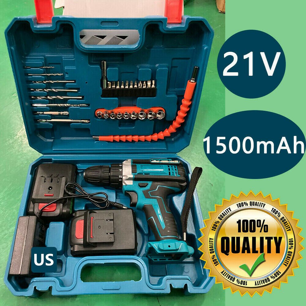 21V Cordless Drill Electric Screwdriver 30pcs Drill Driver Kit+2*Battery+Charger