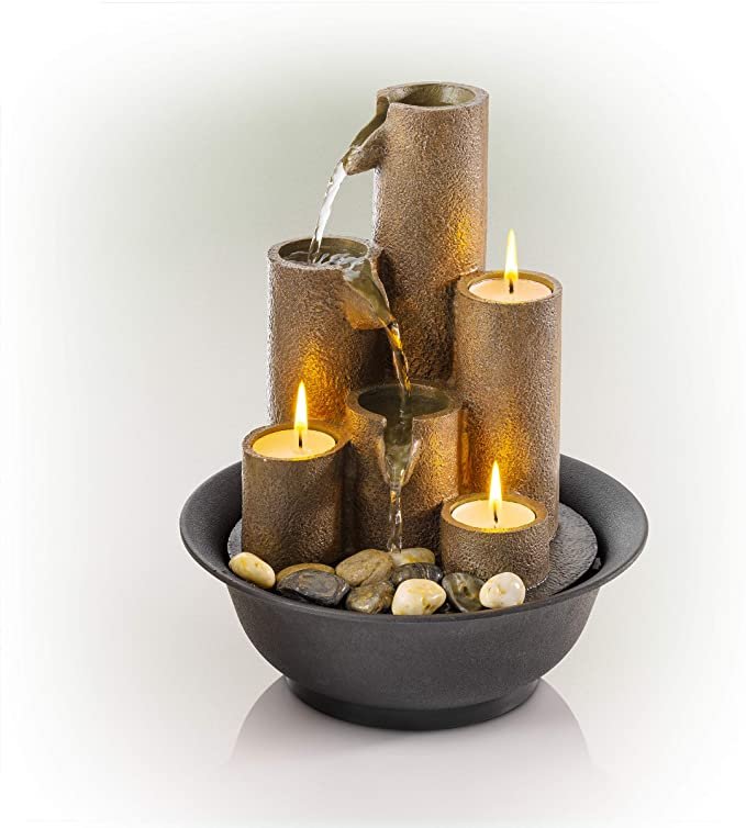 Tiered Column Tabletop Fountain w/ 3 Candles, 11 Inch Tall, Brown