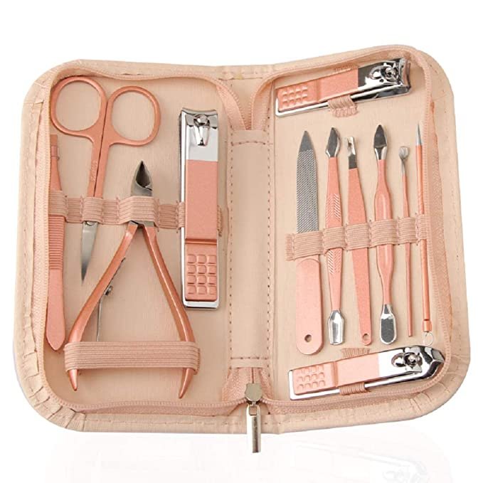 Stainless Steel Manicure Set 12 in 1, with Pink Leather Bag