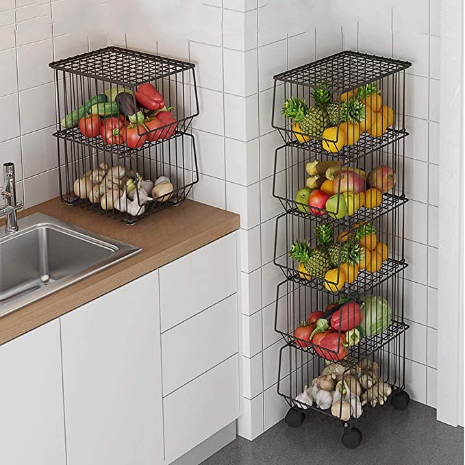 5-Tier Wire Basket Cart on Wheels for Kitchen, Stackable Wire Basket