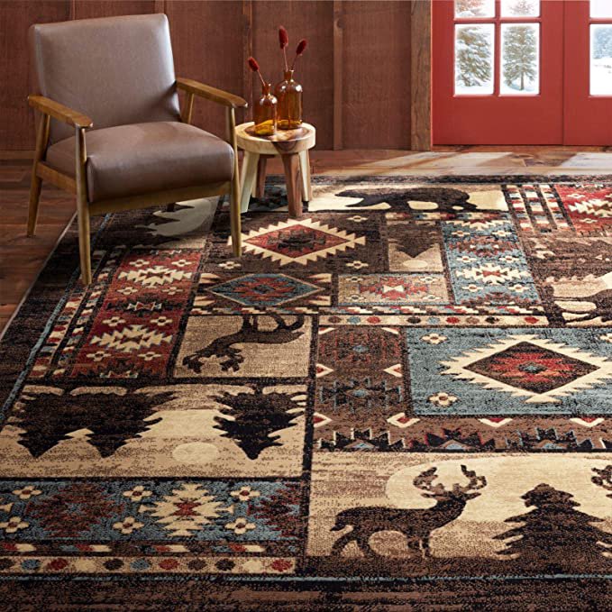 Buffalo Bear Rustic Area Rug, Brown/Red, 5'2"x7'2"