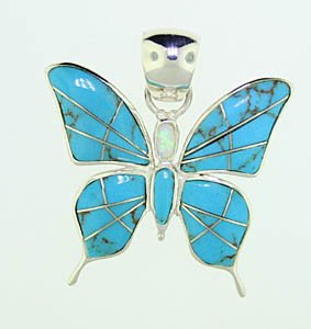 Sterling Silver Turquoise and Created Opal Butterfly Pendant