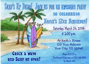 12 SURFING SURFER BEACH SURF BOARD Invitations Personalized Party Custom Birthday
