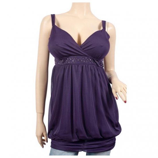 Purple Low Cut V-Neck Rhinestone Plus Size Tunic Top 2X