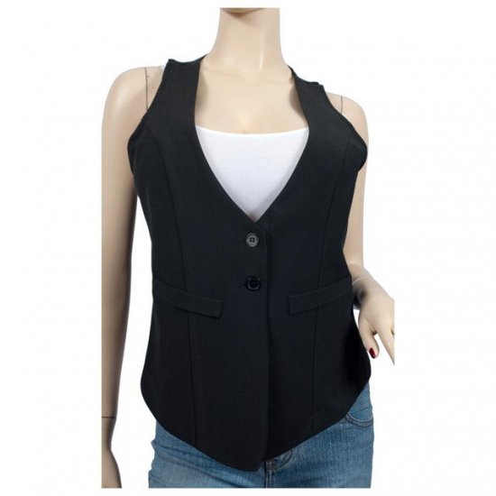 Black Button Front Sleeveless Plus Size Vest 2X