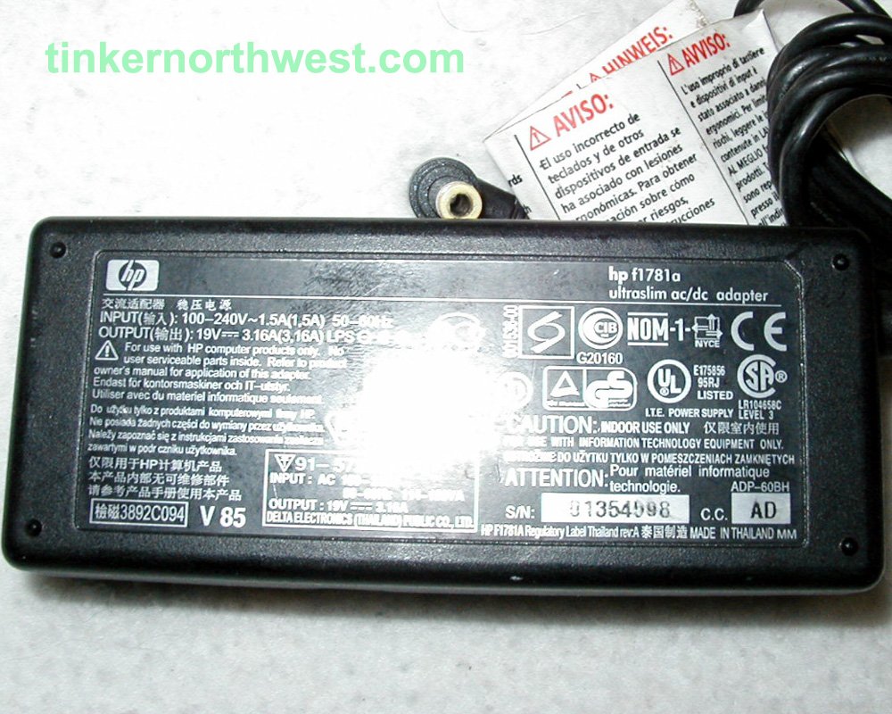 HP Slim AC Power Adapter F1781A, 19VDC 3.16A Omnybook Supply
