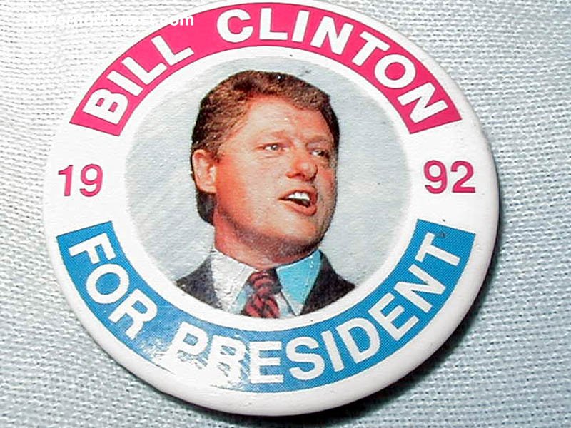 VINTAGE BILL CLINTON FOR PRESIDENT '92 CAMPAIGN PIN