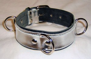 Three Ring Silver Metallic Leather Collar Roller Buckle