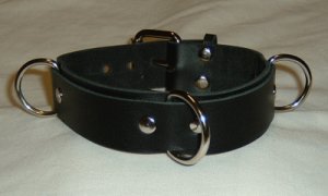 3 Ring Black Suede Lined Leather Collar - Roller Buckle