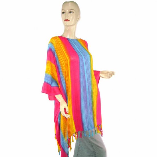 Fuchsia Yellow Blue Stripes Poncho Tunic Kaftan Caftan Blouse 1X 2X 3X 4X 5X (MN4845)