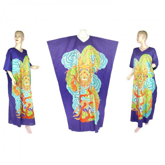 Hand-Drawn Royal Blue Dragon Batik COTTON Kaftan Caftan Dress 1X 2X 3X 4X 5X (K29)