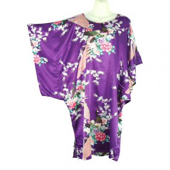 Purple Oriental Floral Peacock Kimono Sleeve Tunic Top Kaftan L XL 1X (MC226)