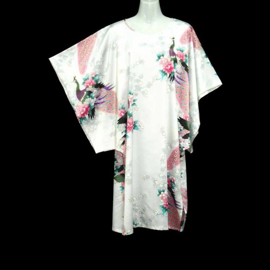 White Oriental Floral Peacock Kimono Sleeve Tunic Top Kaftan L XL 1X (MC216)