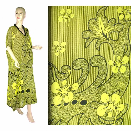 Yellow Hibiscus Floral Print Kaftan Caftan Dress 1X 2X 3X 4X (MC212)