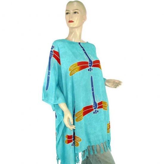 Hand-Drawn Blue Dragonfly Batik Poncho Tunic Kaftan Caftan Top 1X 2X 3X 4X 5X (MN6307)