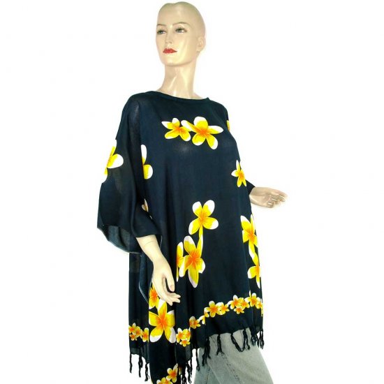 Black Frangipani Floral Poncho Tunic Kaftan Caftan Maternity Pregnancy ONE SIZE (MN6304)