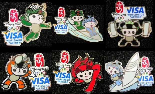 2008 BEIJING OLYMPIC SPONSOR VISA MASCOTS 6 FUWA PINS SET