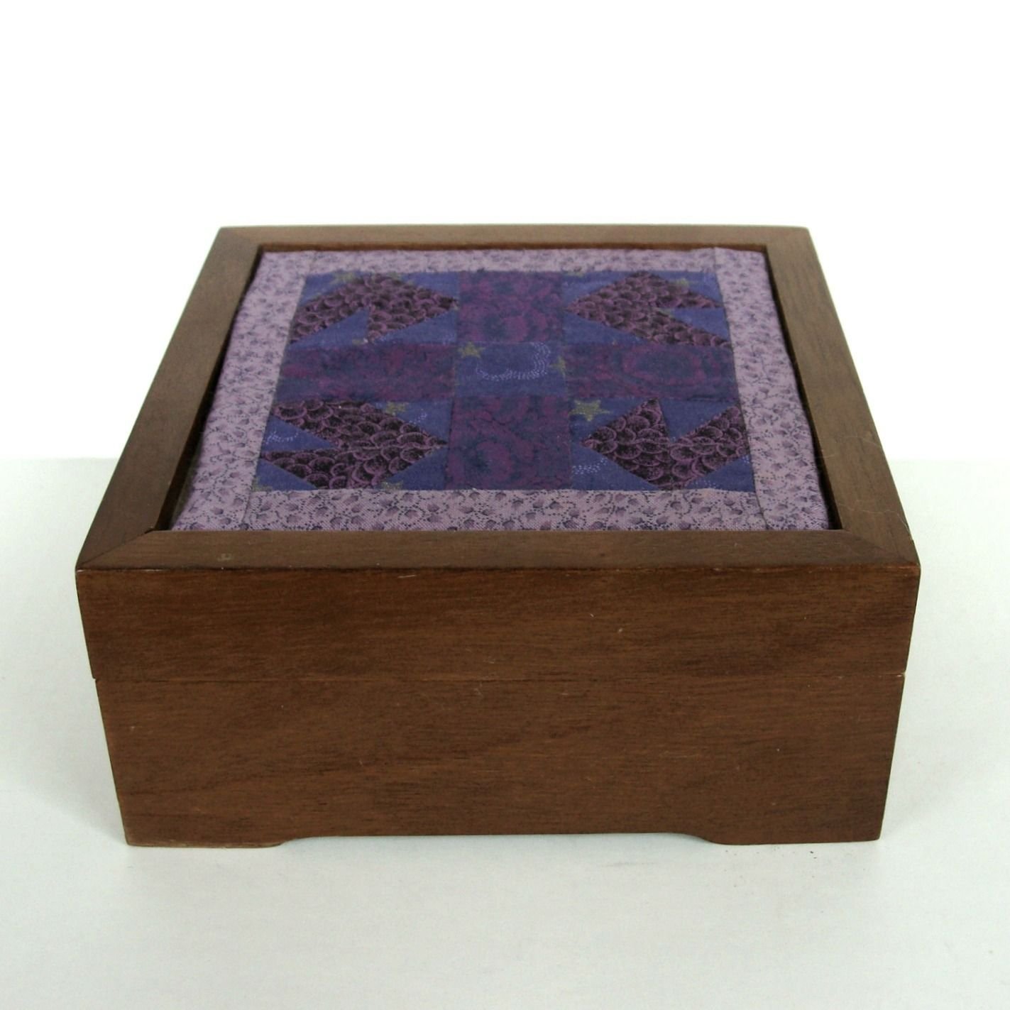 Vintage Wooden Trinket Box Quilt Fabric Inlay Jewelry Oak Folk Art