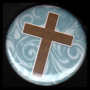 Brown Cross on Turquoise Pattern Background, One Inch Religious Button Badge Pin - 1136