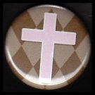Pink Cross on Brown Harlequin Background, One Inch Religious Button Badge Pin - 1154