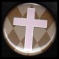 Pink Cross on Brown Harlequin Background, One Inch Religious Button Badge Pin - 1154