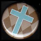 Turquoise Cross on Brown Harlequin Background, One Inch Religious Button Badge Pin - 1163