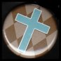 Turquoise Cross on Brown Harlequin Background, One Inch Religious Button Badge Pin - 1163