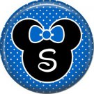 Mouse Ears with Blue Bow Letter S, 1 Inch Alphabet Initial Button Badge Pinback