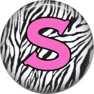 Pink S on Zebra Print Background, 1 Inch Alphabet Initial Button Badge Pinback