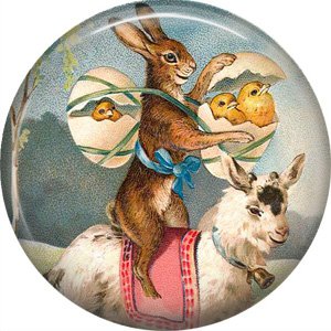 1" Inch Pinback Button Badge Vintage Easter Image of Bunny Riding Goat - 0133