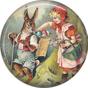 1" Inch Pinback Button Badge Vintage Easter Image of Rabbit with Little Red Riding Hood - 0137
