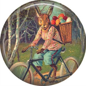 1" Inch Pinback Button Badge Vintage Easter Image of Rabbit on Bicycle - 0139