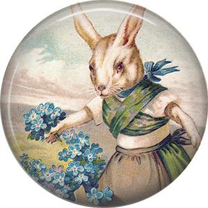 1" Inch Pinback Button Badge Vintage Easter Image of Rabbit Picking Forget Me Nots - 0141