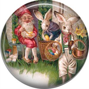 1" Inch Pinback Button Badge Vintage Easter Image of Rabbits with Gnome - 0142