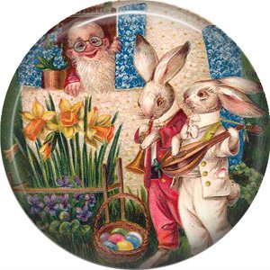 Rabbits Singing to Gnome, Vintage Easter Image on 1 Inch Button Badge Pin - 0148