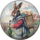 Mama Rabbit Carrying Basket of Eggs, Vintage Easter Image on 1 Inch Button Badge Pin - 0149
