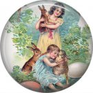 Children with Rabbits, Vintage Easter Image on 1 Inch Button Badge Pin - 0150