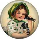 1 Inch Irish Lassie Talking on Telephone Ephemera Lapel Pin, St. Patricks Day Button Badge  - 0442