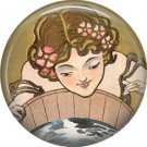 Lady Waiting to See Face of Future Love, 1 Inch Button Badge Pin of Vintage Halloween Image - 0487