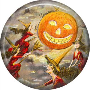 Three Witches on the Prowl, 1 Inch Button Badge Pin of Vintage Halloween Image - 0485