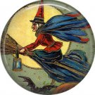 Witch with Lantern on Broom, 1 Inch Button Badge Pin of Vintage Halloween Image - 0476