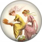 Two Ladies Flying on Broom, 1 Inch Button Badge Pin of Vintage Halloween Image - 0475