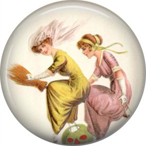 Two Ladies Flying on Broom, 1 Inch Button Badge Pin of Vintage Halloween Image - 0475