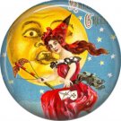 Witch Flying by Puckered Up Moon, 1 Inch Button Badge Pin of Vintage Halloween Image - 0469