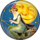Witch Flying Past Moon on Broom, 1 Inch Button Badge Pin of Vintage Halloween Image - 0474