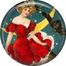 Lady Sitting by Crescent Moon and Bat, 1 Inch Button Badge Pin of Vintage Halloween Image - 0462
