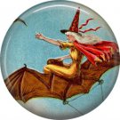 Witch Flying on Bat, 1 Inch Button Badge Pin of Vintage Halloween Image - 0479