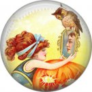 Pretty Girl with Mirror and Owl, 1 Inch Button Badge Pin of Vintage Halloween Image - 0473